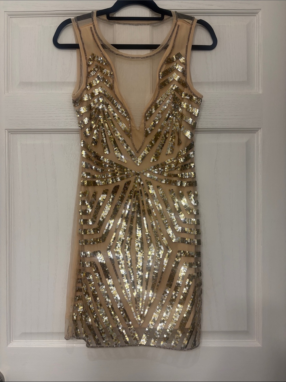 Sleeveless Gold Sequin Mini Dress in Nude